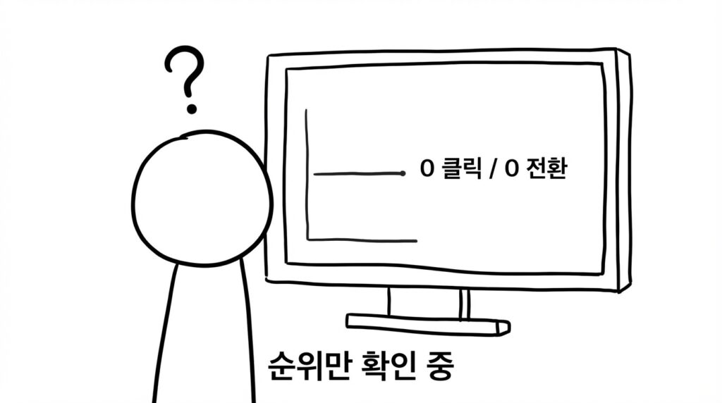 키워드 자동화 한후에도 검색 순위만 확인하고 실제 클릭이나 전환이 없는 블로그 성과 구조를 설명하는 스틱맨 이미지