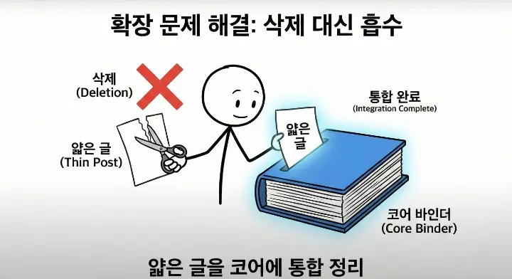 디스커버리 엔진 대부분 확장에서 무너진다 문제 해결을 위해 얇은 글을 삭제 대신 흡수하는 장면