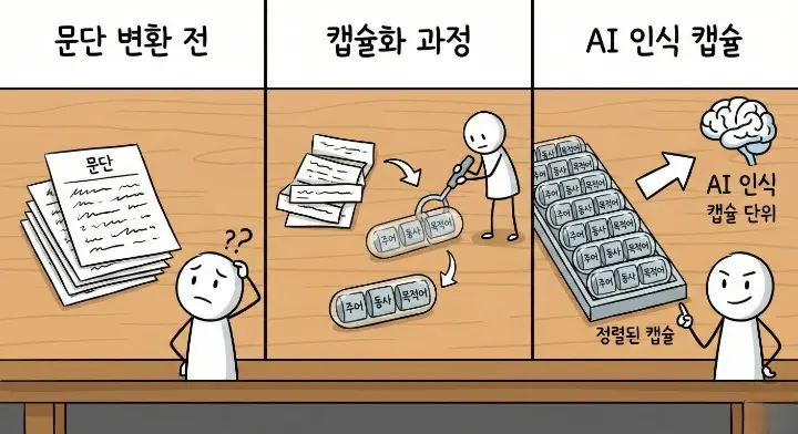 AI가 인용하기 쉬운 단순한 주어-동사-목적어 문장 구조를 보여주는 장면