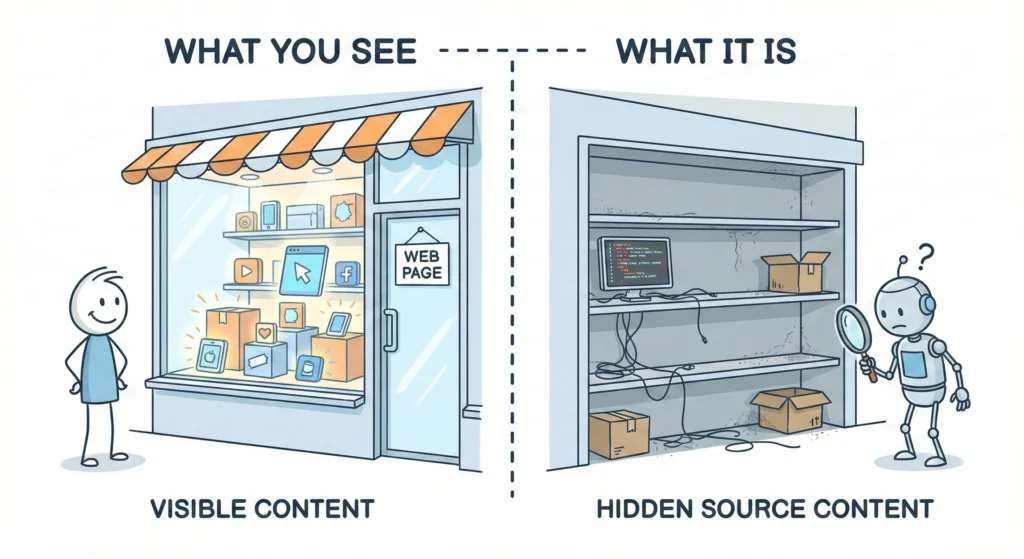 AI가 읽는 글과 버리는 글이 AI에 읽히는 방식에서 겉으로 보이는 내용과 소스에 있는 내용이 어긋나는 상황을 보여주는 장면