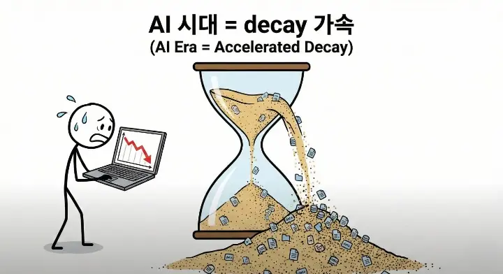 AI 검색 시대에 콘텐츠 Decay 점수화 시스템이 더 빨리 경고를 줘야 하는 상황을 비유한 빠른 모래시계 장면