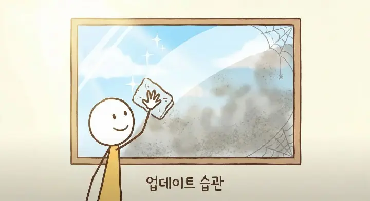 글 100개부터 블로그는 완전히 달라진다 이후 운영 시스템에 필요한 업데이트 습관을 유리창을 닦는 장면으로 표현