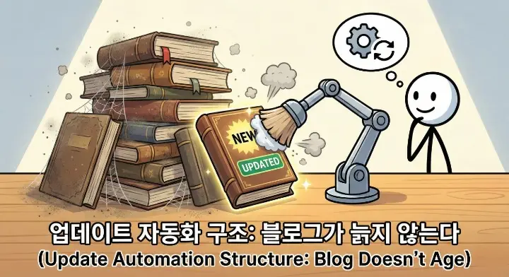 업데이트 자동화 구조를 만들면 블로그가 늙지 않는다를 보여주듯 먼지 쌓인 책을 로봇이 골라 닦는 장면