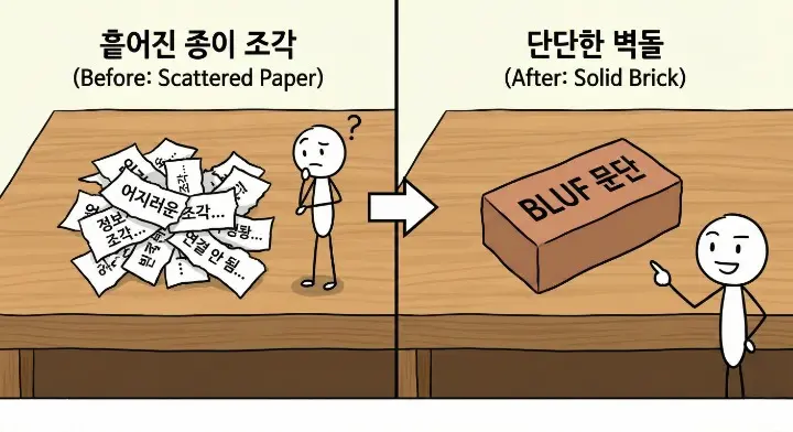 GEO 최적화 글 구조에서 BLUF 문단이 한 덩어리로 인용되기 쉬운 형태임을 비유한 장면