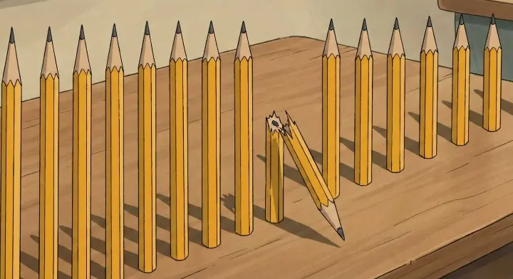 AI 글을 사람 글처럼 보이게 만드는 핵심 요소중 문장 리듬을 깨뜨리는 느낌을 연상시키는 부러진 연필 장면