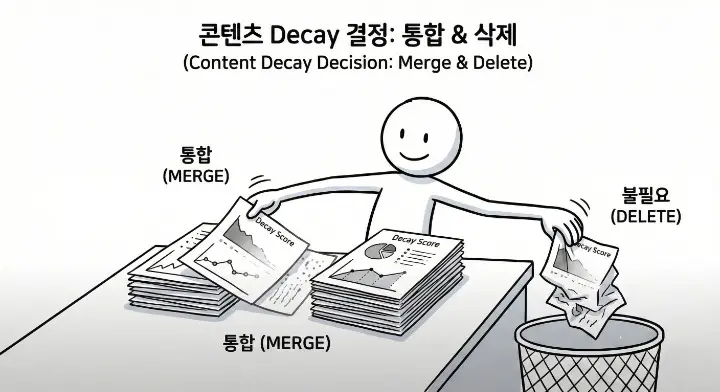 콘텐츠 Decay 점수화 시스템을 돈으로 바꾸는 운영 루틴을 상징하는 시계와 정돈된 작업 도구 장면