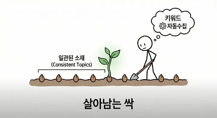 키워드 자동수집 구조로 일관된 소재를 뽑아 살아남는 싹이 나는 장면