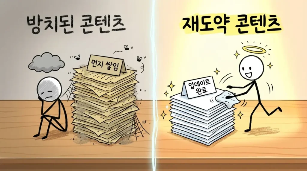 Evergreen 구조 관점에서 콘텐츠 부패를 방치한 글과 관리로 되살린 글의 대비 장면