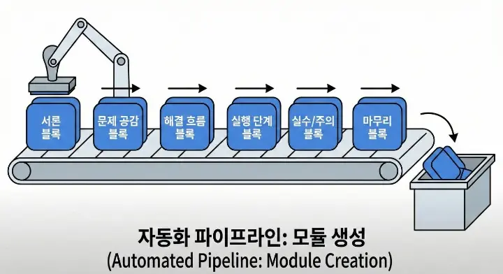 글 생성부터 발행까지, 자동화 파이프라인 구조 만들기에서 모듈을 찍어내는 Creation을 비유한 컨베이어 장면