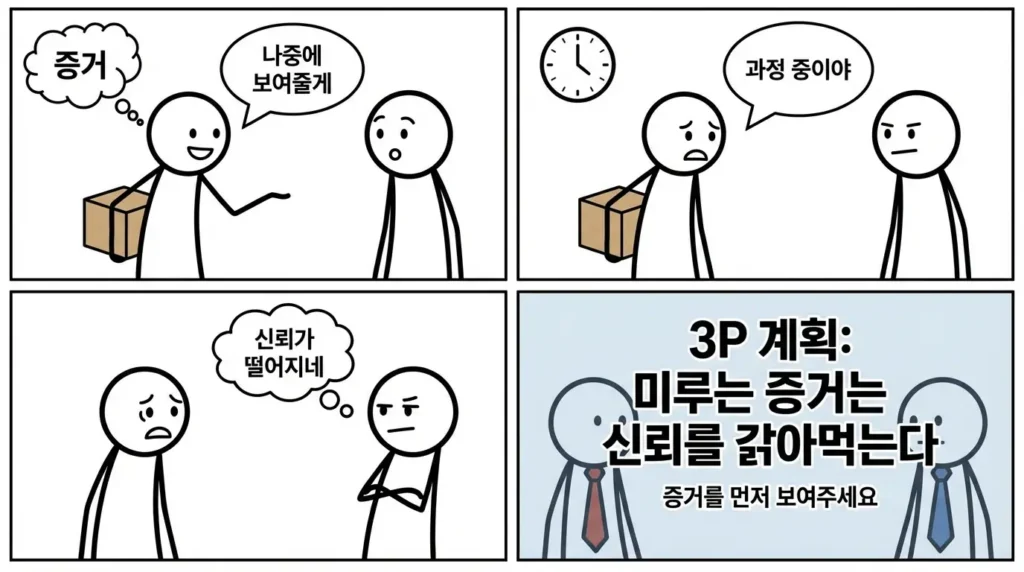 3P(Proof·Process·Perspective) 기획 구조에서 Proof를 뒤로 미루는 실수를 보여주는 장면