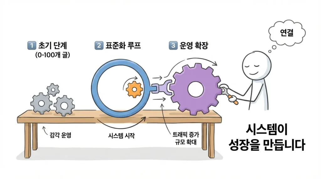 글 100개부터 블로그는 완전히 달라진다 이후 운영 시스템을 위해 반복 루프를 맞물리게 만드는 장면