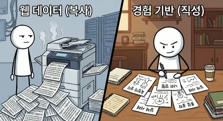 AI 글이 반복적으로 티 나는 이유는 중복된 데이터로 생성된 글과 실제 경험 기반 글의 차이를 보여주는 장면