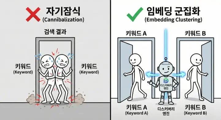 디스커버리 엔진에서 임베딩 군집화로 키워드 자기잠식을 막는 상황