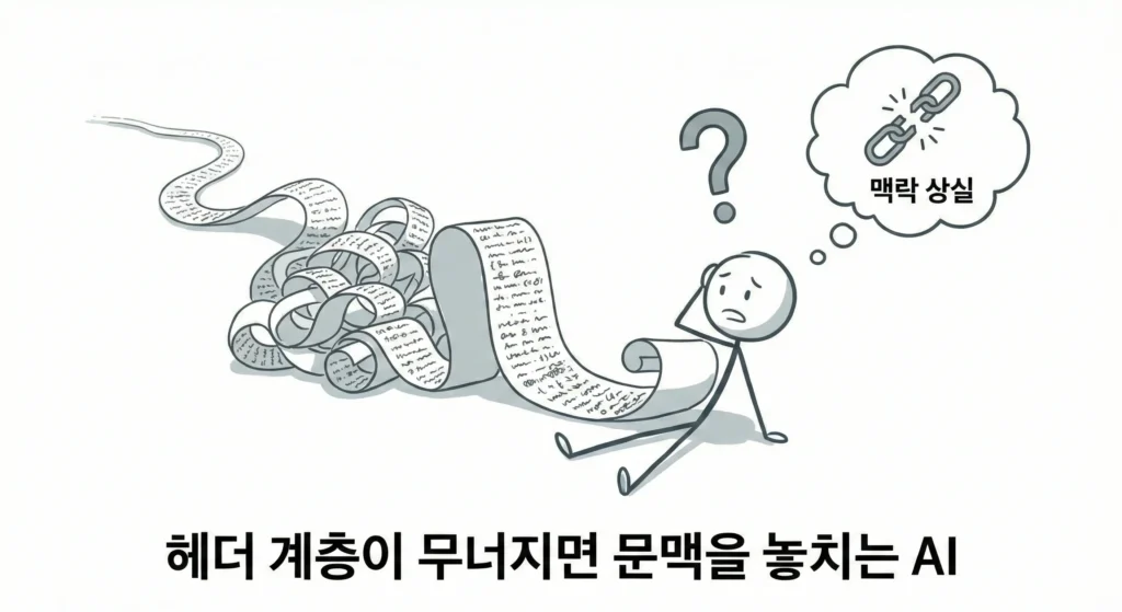 구조화된 글이 AI에 읽히는 방식에서 헤더 계층이 무너지면 문맥을 놓치는 상황을 보여주는 긴 두루마리 장면