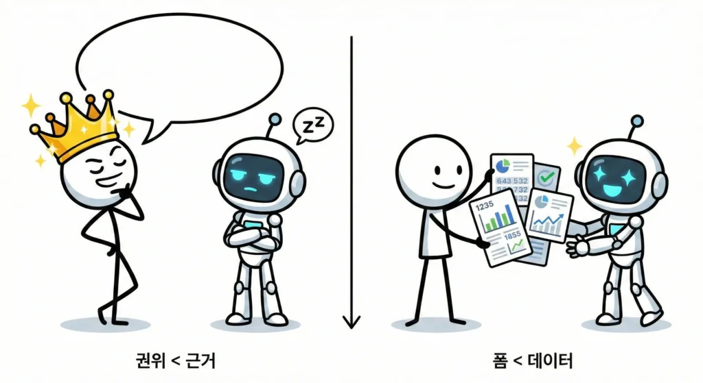 권위 있어 보이는 말보다 근거가 있는 문장이 더 신뢰되고 인용되는 구조를 보여주는 장면