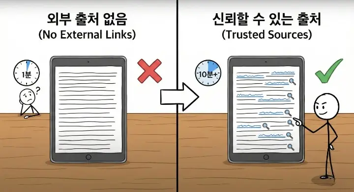 외부 링크 하나가 신뢰를 바꾼다고 설명하는 스틱맨 이미지