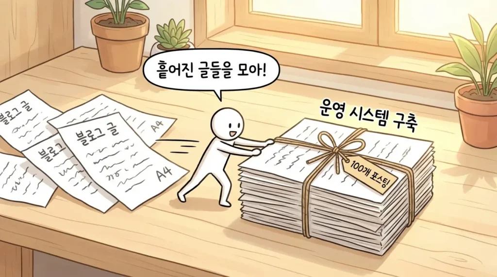 글 100개부터 블로그는 완전히 달라진다 이후 운영 시스템을 위해 흩어진 글을 한 묶음으로 정리하는 장면