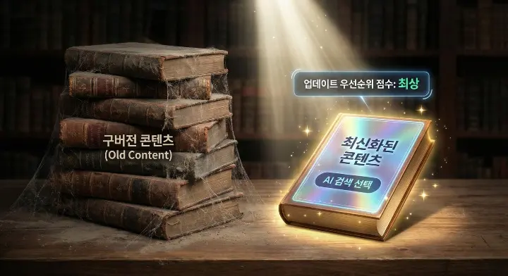 AI 검색에서 업데이트 우선순위 점수 모델로 최신화된 콘텐츠가 선택되는 장면