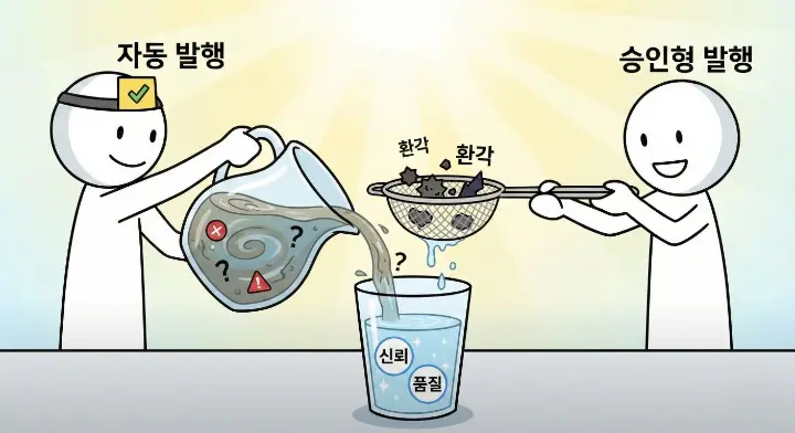 승인형 발행이 자동 발행보다 강력한 이유처럼 환각을 걸러 신뢰를 지키는 체크 장면