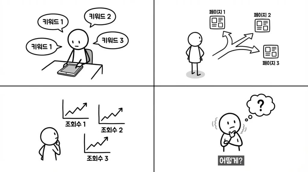 수동 키워드 조사에서 새 글 작성이 아니라 기존 클러스터에 편입하는 판단 기준 변화 설명 이미지