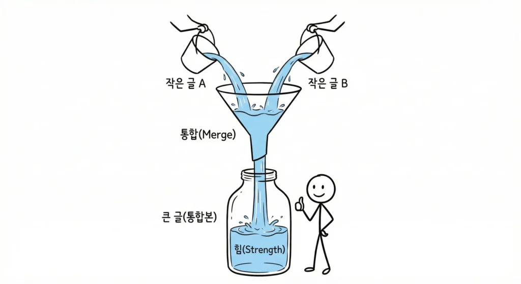 리라이트 vs 삭제 판단 기준에서 삭제 대신 통합이 이기는 상황을 비유한 장면