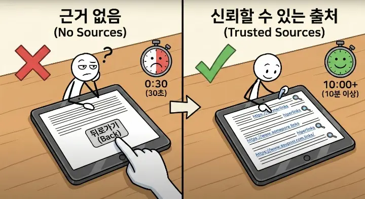 출처 링크가 SEO에 미치는 영향에서 말하는 ‘의심’이 생기는 순간을 보여주는 빈 문서와 돋보기 장면