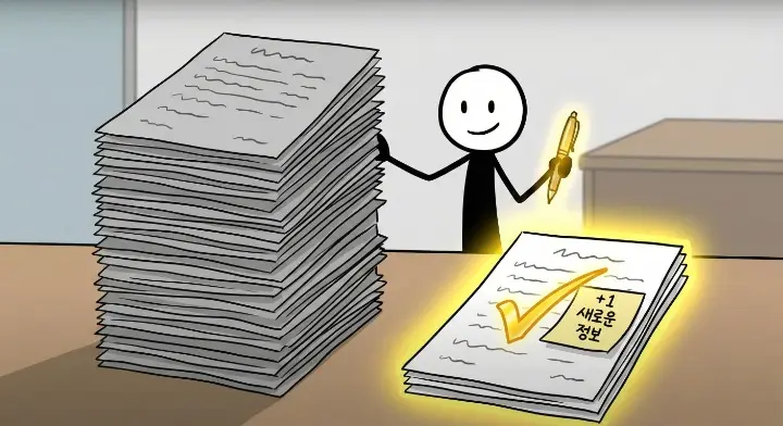 길지만 내용 없는 글의 특징을 극복하는 새로운 정보 한 줄이 추가되면서 글의 가치가 달라지는 장면