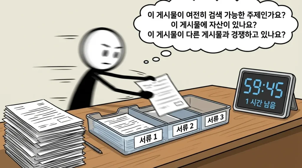 리라이트 vs 삭제 판단 기준을 빠르게 끝내는 작업 순서를 상징하는 분류 장면