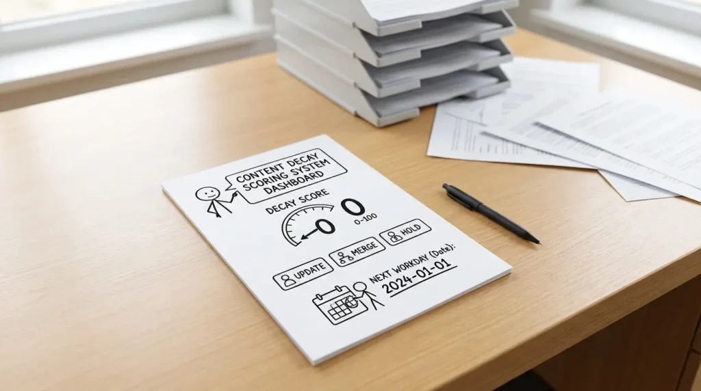 콘텐츠 Decay 점수화 시스템을 한 장으로 끝내는 대시보드처럼, 책상 위에 종이 한 장만 남은 장면