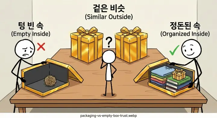 비교가 들어간 글이 신뢰가 달라지는 이유를 보여주듯, 겉은 비슷해도 속이 다른 두 상자를 확인하는 장면