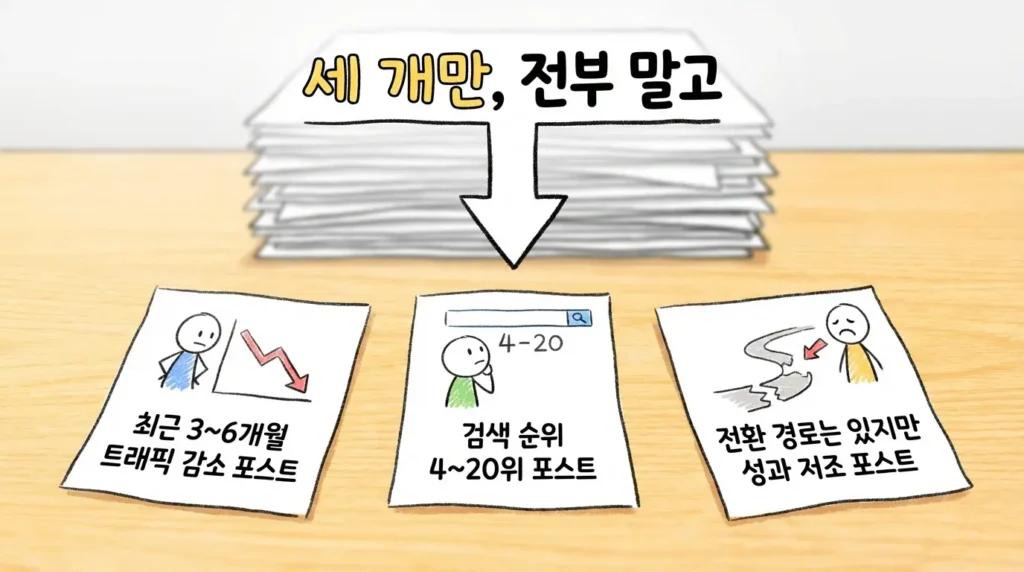 업데이트 우선순위 점수 모델로 상위 글만 먼저 뽑아 실행하는 흐름을 보여주는 장면