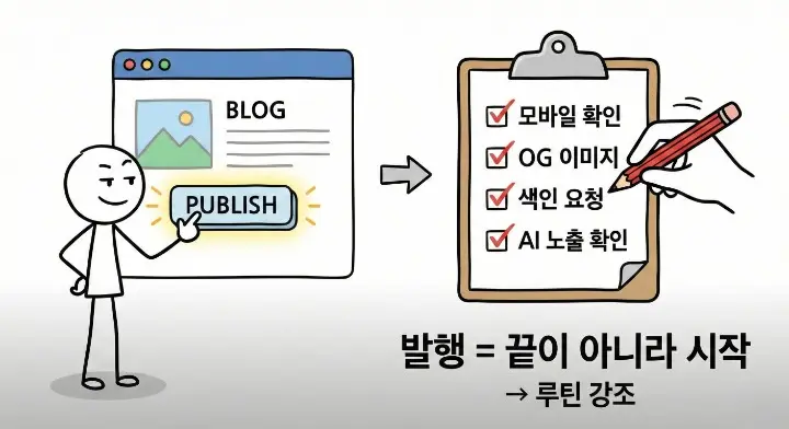 블로그 발행 후 체크리스트 루틴과 검색 및 AI 노출 점검 흐름을 보여주는 장면