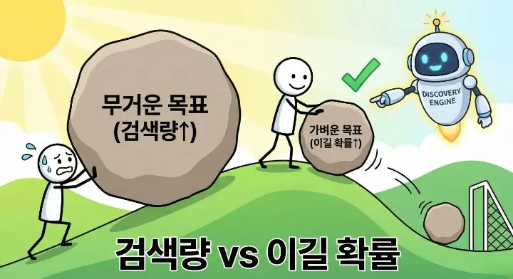 디스커버리 엔진에서 검색량보다 지금 이길 확률을 우선하는 선택 장면