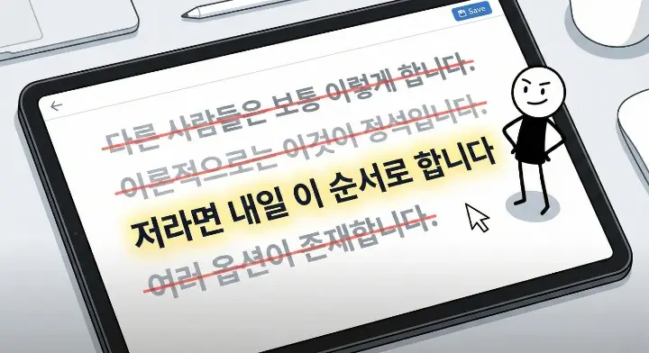 경험 없는 글이 신뢰를 잃는 이유를 뒤집는 편집처럼 어질러진 종이들 사이 정리된 한 장면