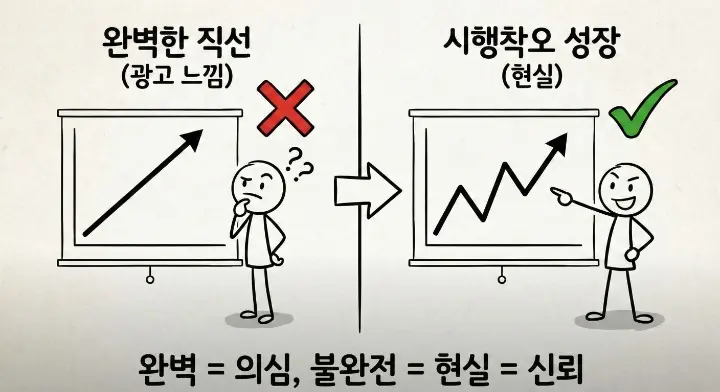 완벽한 성공 그래프보다 시행착오가 보이는 성장 과정이 더 신뢰를 주는 장면
