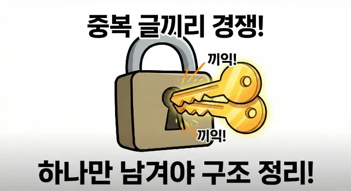 ROT 프레임워크 글 정리 전략에서 Redundant를 먼저 정리하는 의미를 담은, 중복된 열쇠가 자물쇠를 막는 장면