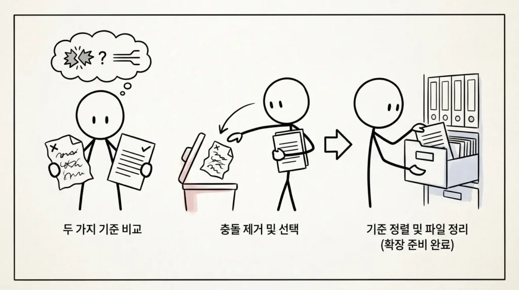 디스커버리 엔진 대부분 확장에서 무너진다 원인인 서술 충돌을 제거하고 기준을 하나로 맞추는 장면