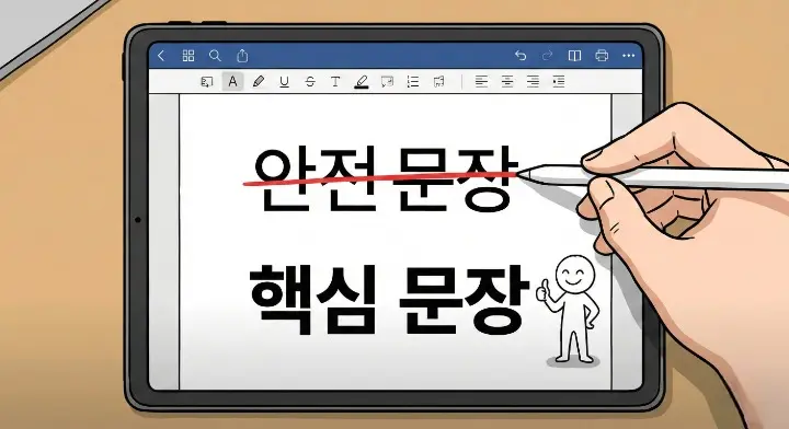 AI 초안 품질을 2배 올리는 수정 기준을 적용하기 전, 겉만 그럴듯한 문서 더미와 속이 빈 종이의 대비 장면