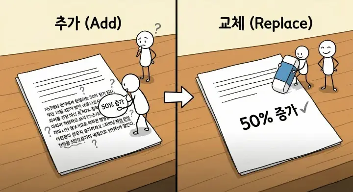 통계를 추가하는 대신 핵심 문장을 숫자로 교체하는 글 수정 장면