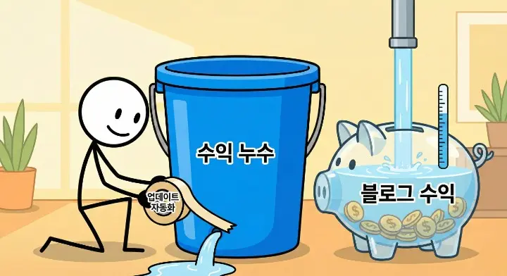업데이트 자동화 구조를 만들면 블로그가 늙지 않는다처럼 수익 누수를 막기 위해 물통의 구멍을 막는 장면