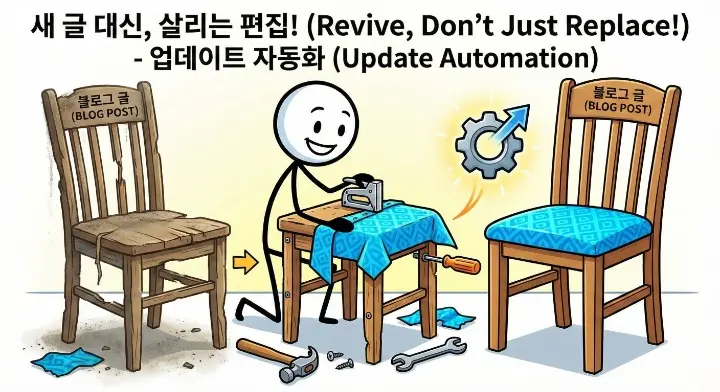 업데이트 자동화 구조를 만들면 블로그가 늙지 않는다처럼 새 글이 아니라 살리는 편집으로 낡은 의자를 고치는 장면