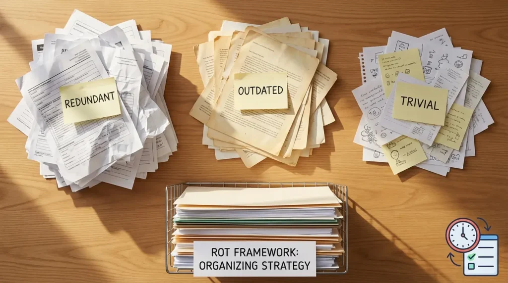 ROT 프레임워크 글 정리 전략을 떠올리게 하는, 책상 위 글 더미를 정리하는 장면