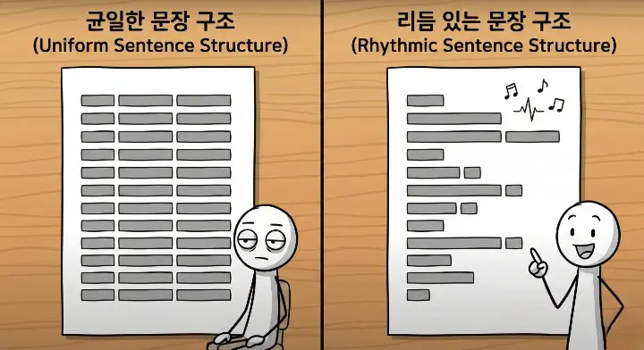 문장 길이를 섞어 버스티니스 편집을 적용한 글 구조와 균일한 문장 구조의 차이를 보여주는 장면