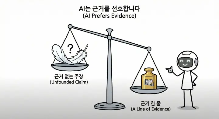 AI 추천 트래픽은 이렇게 늘어난다의 핵심인 근거 한 줄이 노출을 바꾸는 모습을 저울로 비유한 장면