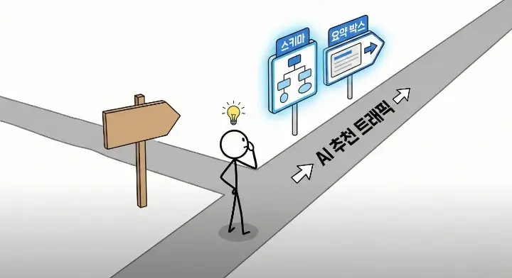 AI 추천 트래픽은 이렇게 늘어난다를 위해 스키마와 요약 박스가 길 안내판처럼 방향을 잡아주는 장면