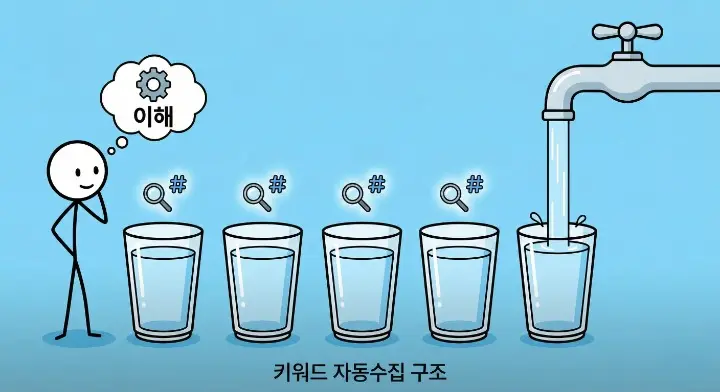 키워드 자동수집 구조처럼 필요한 만큼만 꾸준히 채워지는 컵을 보여주는 장면