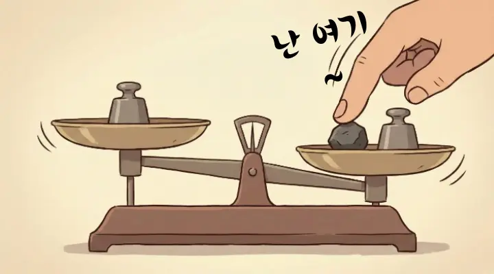 사람이 쓴 글처럼 보이게 만드는 핵심 요소인 ‘내 편을 드는 한 줄 결론’을 저울 균형을 깨는 장면으로 표현한 이미지