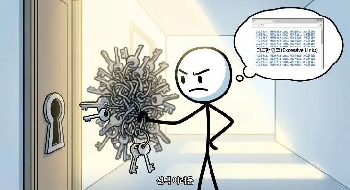 내부링크 자동화에서 링크를 과하게 늘려 선택이 어려워지는 상황을 비유한 장면