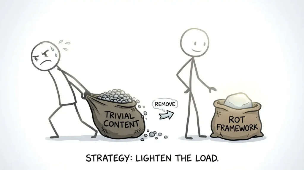 ROT 프레임워크 글 정리 전략에서 Trivial을 남기면 사이트가 무거워진다는 의미를 담은, 자잘한 돌이 가득한 가방을 든 장면