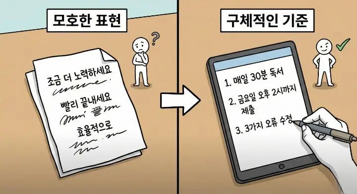 AI 초안 품질을 2배 올리는 수정 기준처럼 추상어를 숫자와 조건으로 바꿔 디테일을 드러내는 돋보기 장면